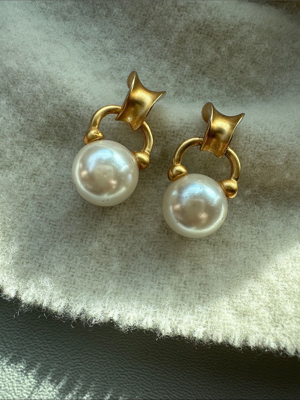 Vintage Matte Gold Tone Faux Pearl Earrings